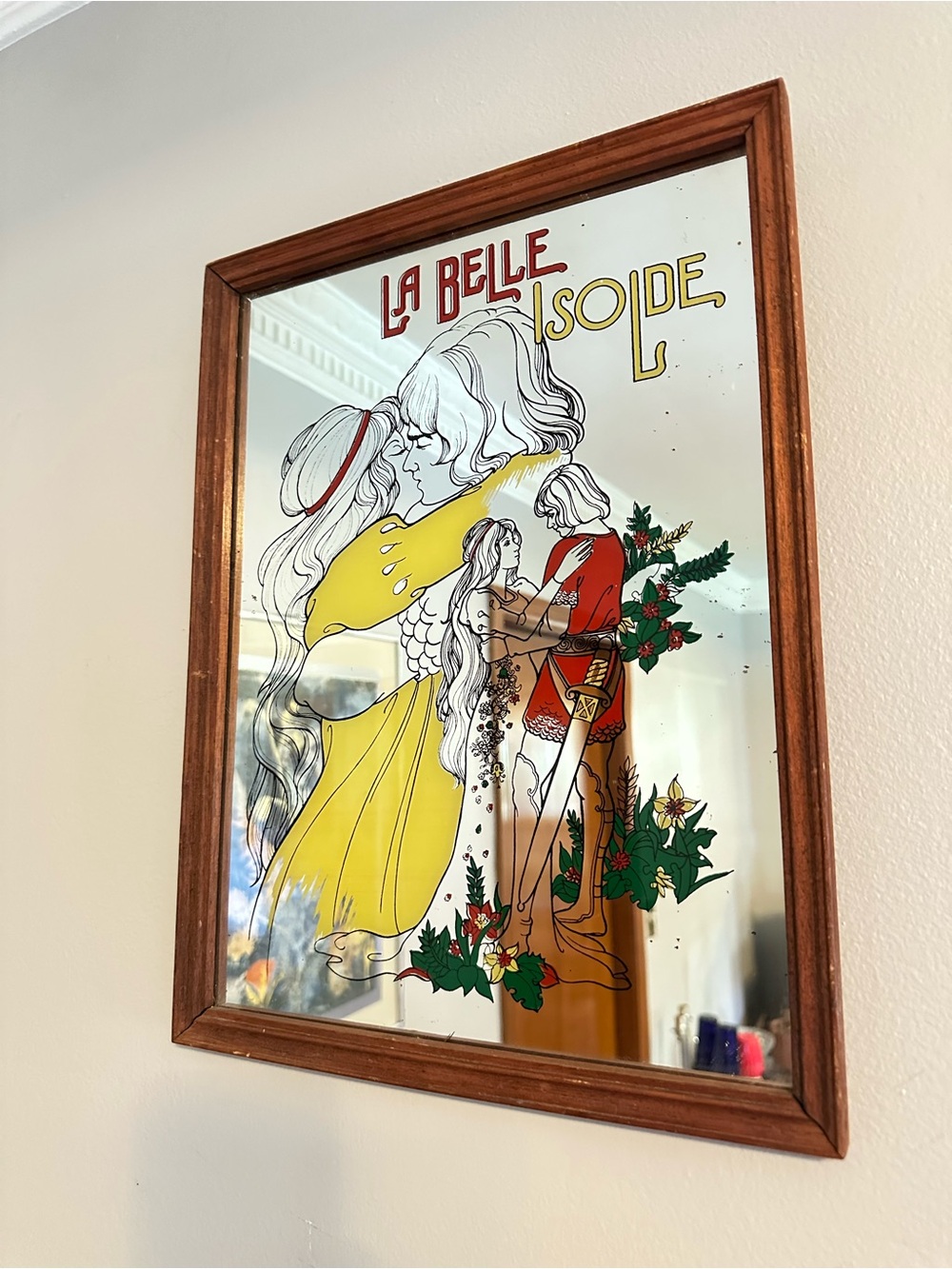 Vintage 1970s La Belle Isolde Graphic Mirror Wood Frame Medieval Romance 12x16